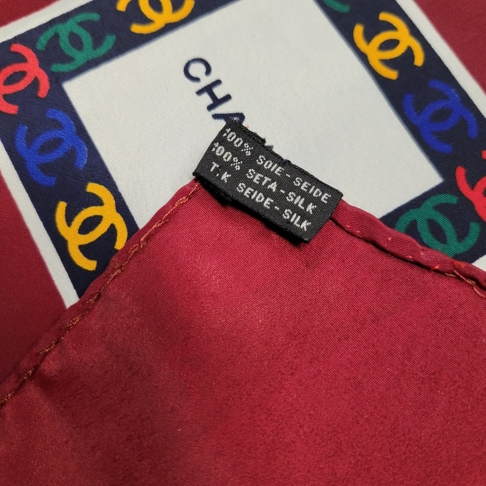 CHANEL Vibrant Geometric Logo Multicolor 100% Silk Scarf Burgundy 35x35